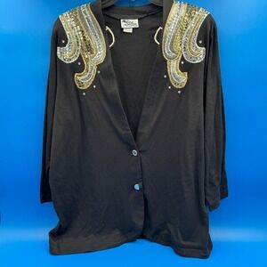 Vintage The Beauty Collection Black Embellished Cardigan Women's XL Long Slv 80s